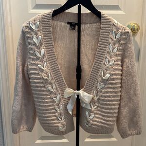 H&M Women's Beige Cardigan with Ribbon Detail
